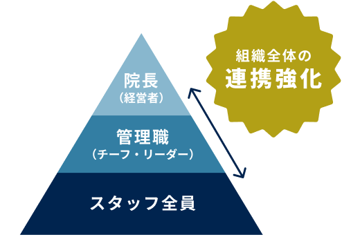 院長・管理職・スタッフ全員の階層と組織全体の連携強化を示す図